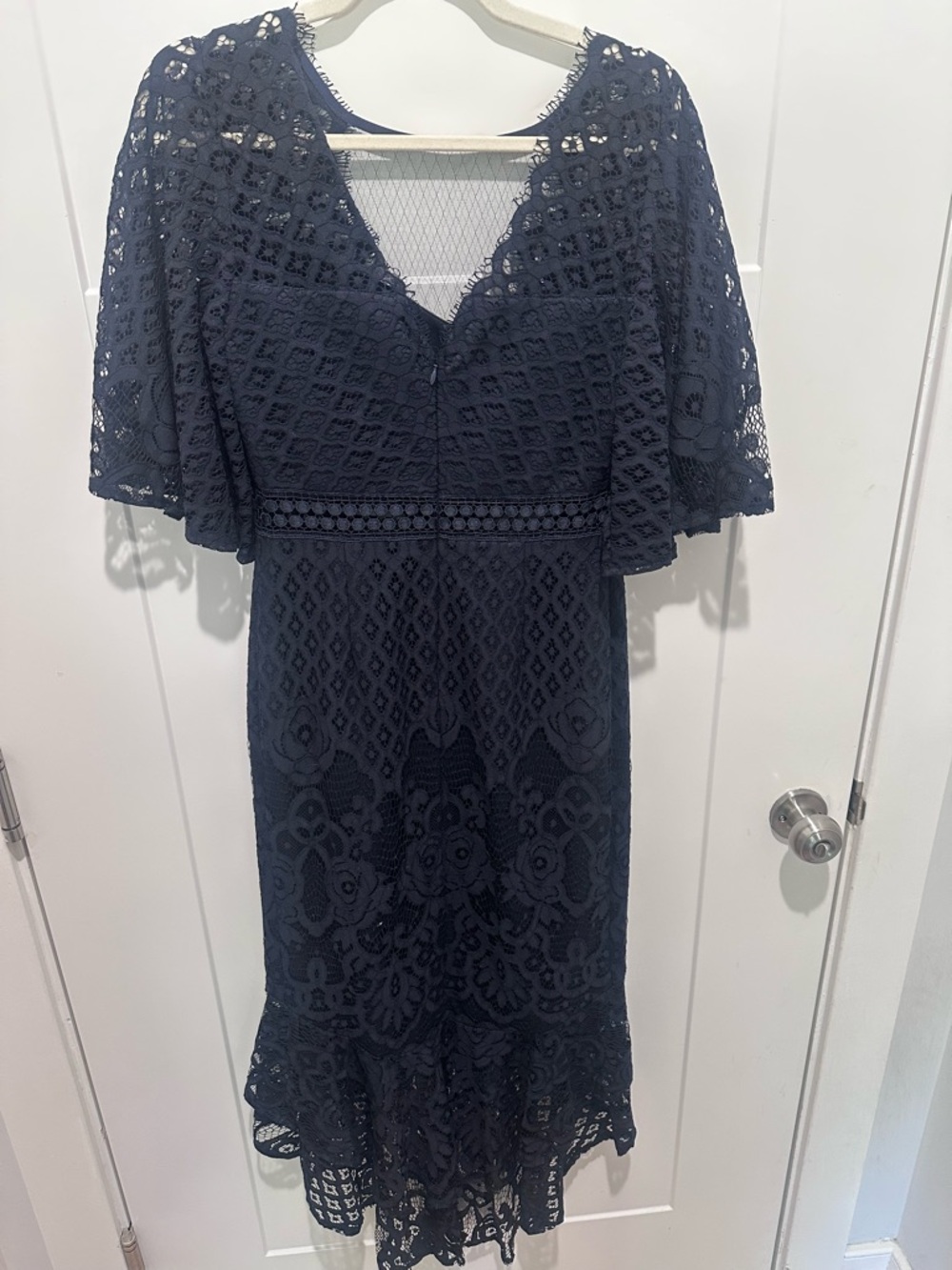 Navy Lace V-Neck Midi Dress with Cape Overlay
